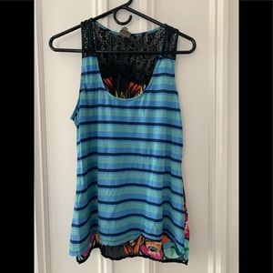 Anthro One Sept blue striped/black lace tank L